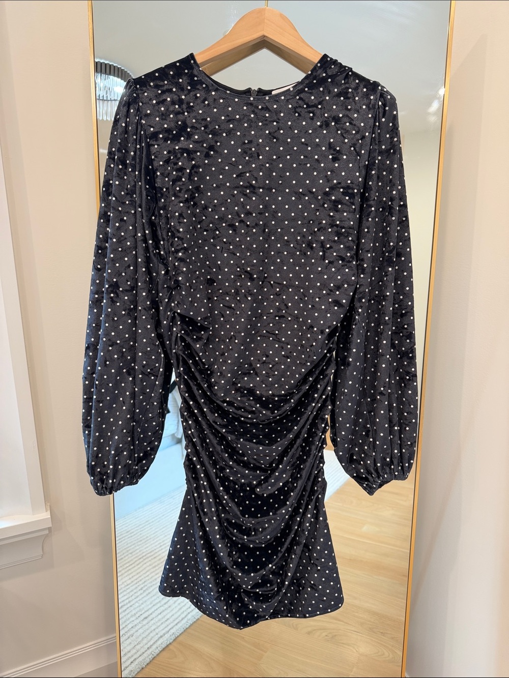 Ganni Black Polka Dot Long-Sleeve Ruched Mini Dress
